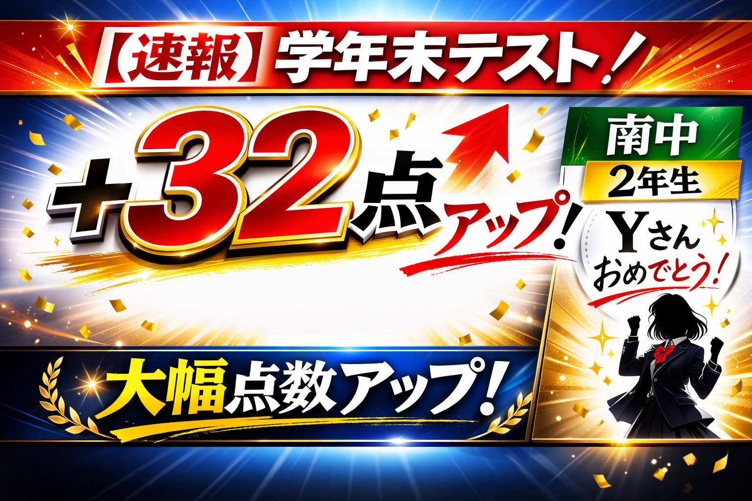 【点数速報】南中2年生・Yさん、正答率32点アップ！