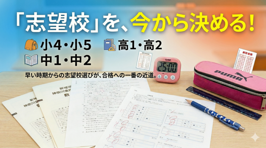 「小4・小5、中1・中2、高1・高2」全学年対象！合格への一番の近道は「志望校」を今から決めること！