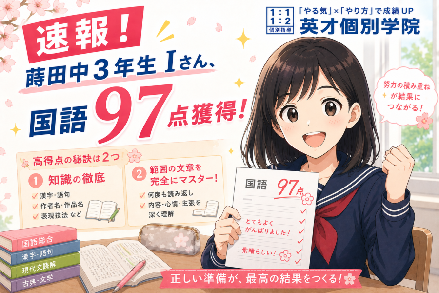 蒔田中３年生Iさん、国語97点獲得！【速報！】