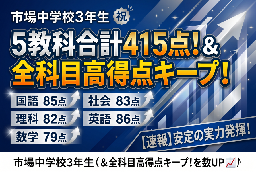 【速報】5教科合計415点！全科目で実力を発揮した市場中3生の快挙