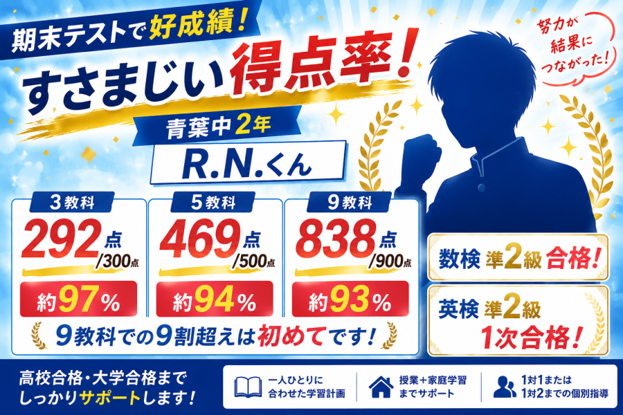 青葉中2年生期末テスト好成績者のご紹介♪