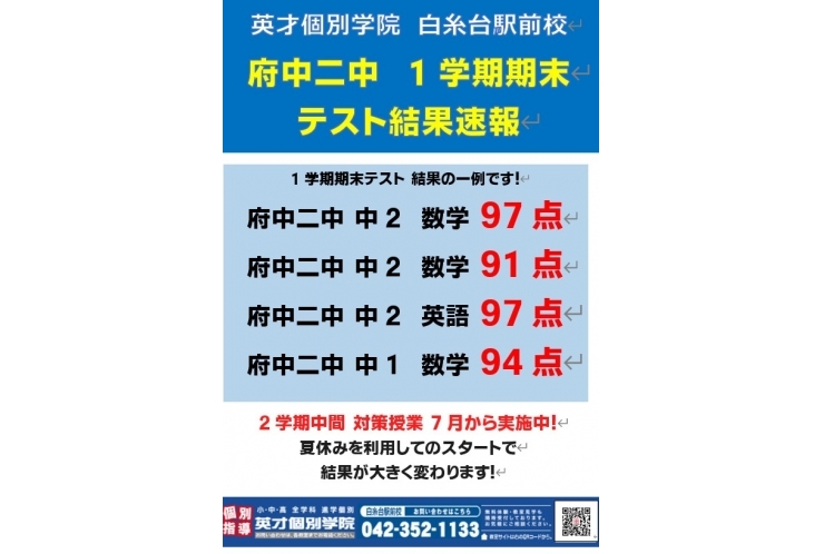 【府中二中生向け】1学期期末テスト結果