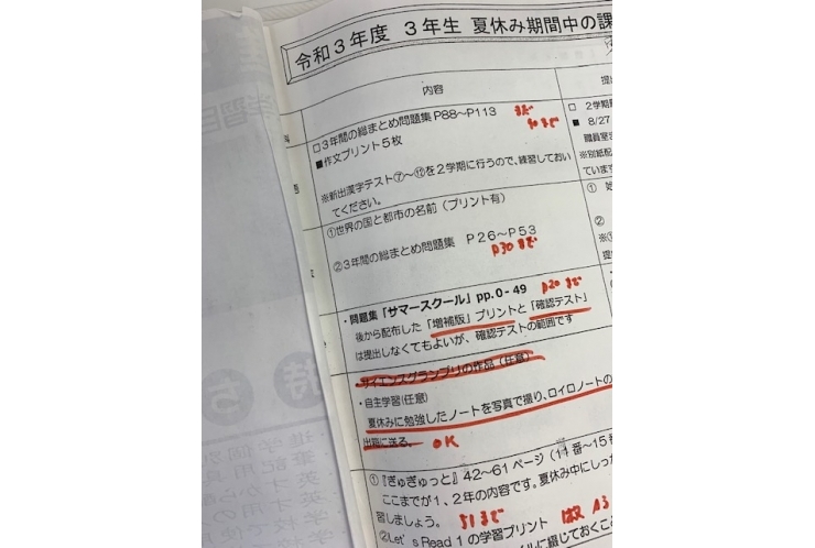 【夏休みの宿題を管理しています】一人ひとりのファイルに一覧表を