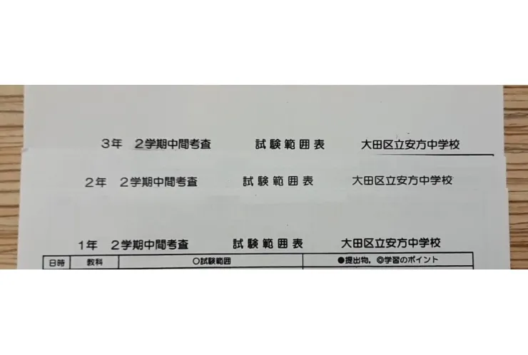 安方中のテスト範囲が３学年分揃いました！
