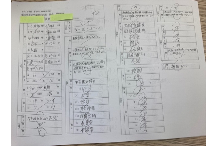 2学期末　中3　テスト結果