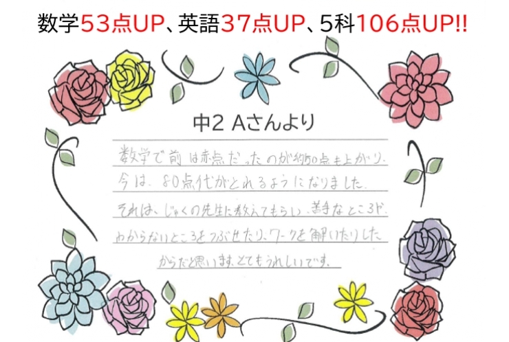 Aさん、5科106点UP!! おめでとう!!～Aさんの声～