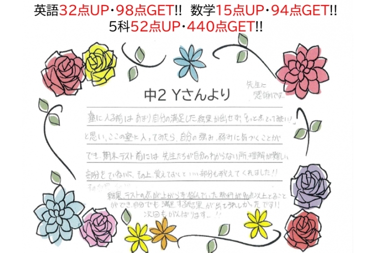 英語32点UP・98点GET、数学15点UP・94点GET、5科52点UP・440点GET!!～生徒さん～