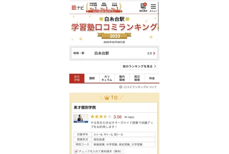 2023塾ナビ　口コミランキング1位　になりました！