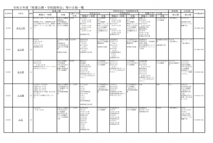 都立高校の学校公開日程の一覧