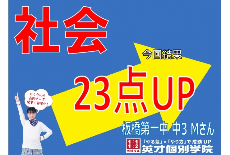 【テスト速報】板橋第一中学校3年　社会23点UP、理科21点UP！！