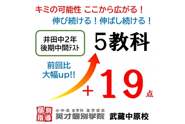 【井田中2年】後期中間テスト 5科19点アップ！