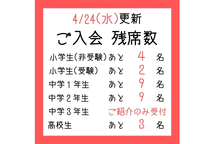 【残りわずか】4/24(水)更新　ご入会残席数　受付状況