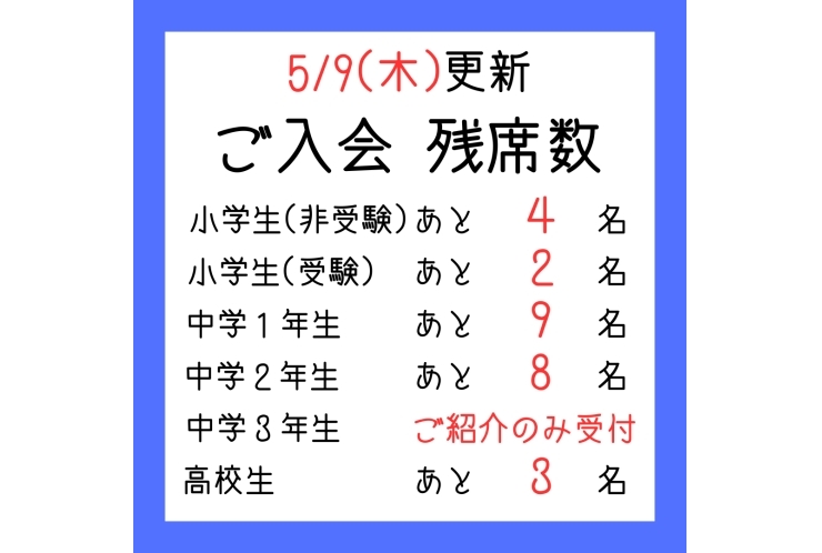【残りわずか】5/9(木)更新　ご入会残席数　受付状況