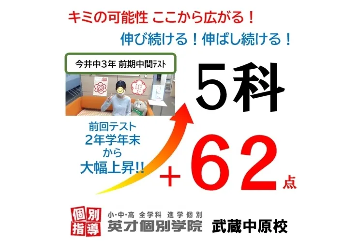 【今井中3年】前期中間テスト 5科 62点UP‼