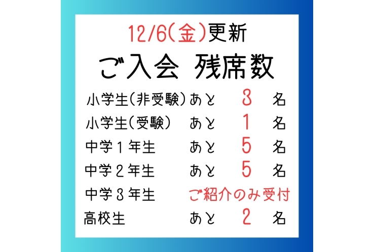 【残りわずか】12/6(金)更新 ご入会残席数 受付状況