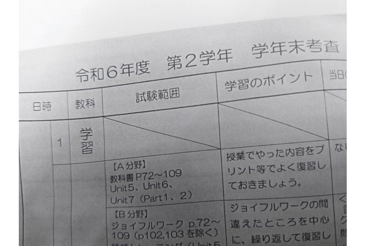 速報！谷中中2年の学年末試験範囲分析