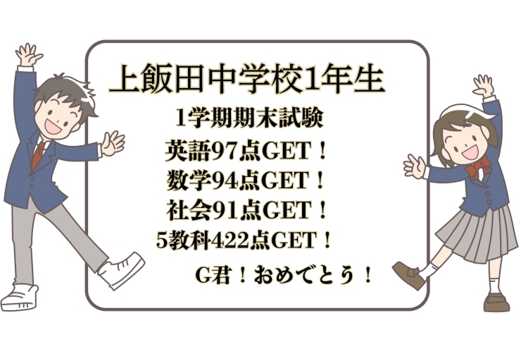 Gくん、英語97点、数学94点、社会91点、5教科422点！おめでとう！
