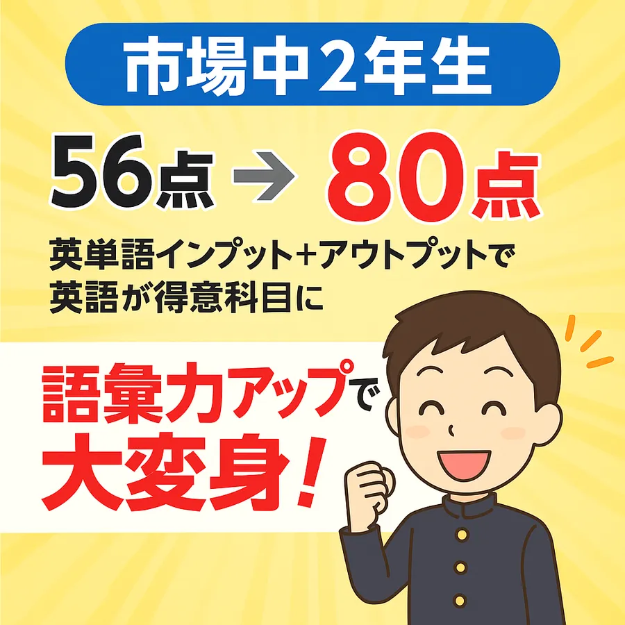市場中２年生　英語５６点➡８７点➡８０点と高得点安定へ
