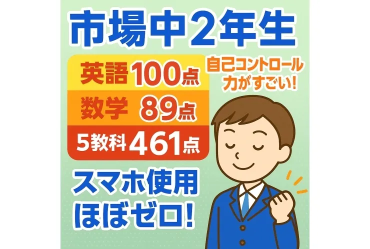 市場中２年生 英語１００点・数学８９点、そして５教科合計４６１点