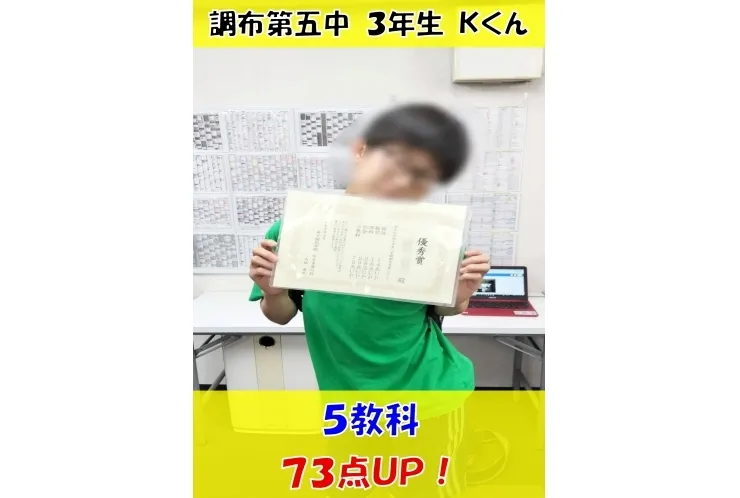 調布第五中３年生Ｋ君　５教科75点アップ・国語14点アップ！・数学16点アップ・理科28点アップ・社会29点アップ