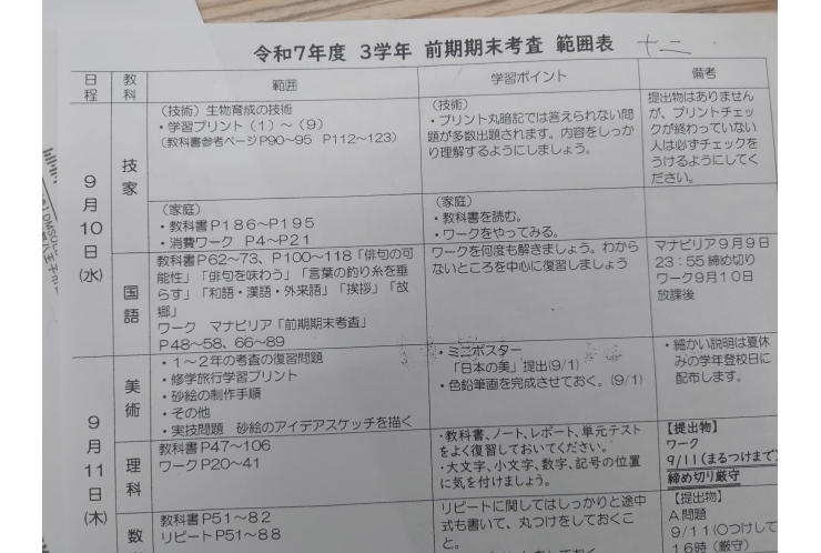 前期期末試験範囲分析：十二中3年①