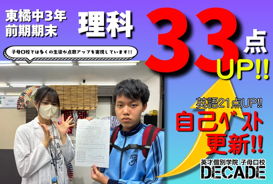 【東橘中3年】理科33点アップおめでとう!!!