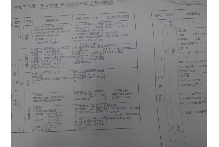 谷中中3年、11月後期中間試験範囲分析